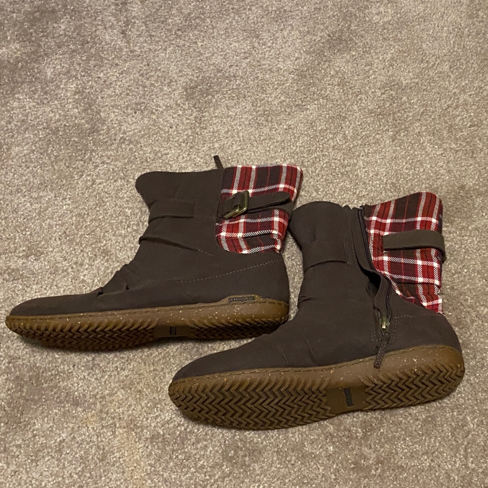 Patagonia Brown and Red Plaid Ankle Boots